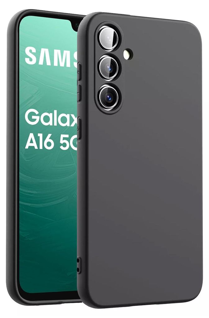 A black silicone phone case is shown next to a Samsung Galaxy A16 5G phone.