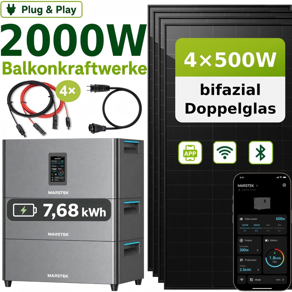 Balkonkraftwerk 2000Wp mit 7,68kWh Speicher, 4x500W Produktbild 