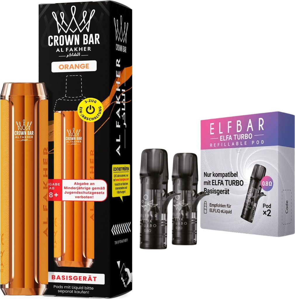 Al Fakher Crown Bar 600 Pod Kit Orange – 500 mAh Akkuträger inkl. 2 x 0,8 Ohm Leerpods, USB-C, 2 ml Pod System, DTL & MTL, wiederaufladbar, ohne...