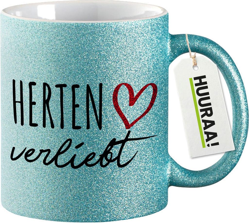 Huuraa Glitzertasse Herten verliebt 330ml Blau Keramik Kaffeebecher Geschenkidee