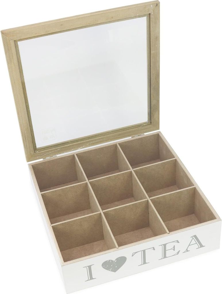 Aufbewahrungsbox für Teebeutel - weiße Holzkiste mit braunem Deckel - mit 9 Fächern und Glasfenster (1 Stück - 9 Fächer)