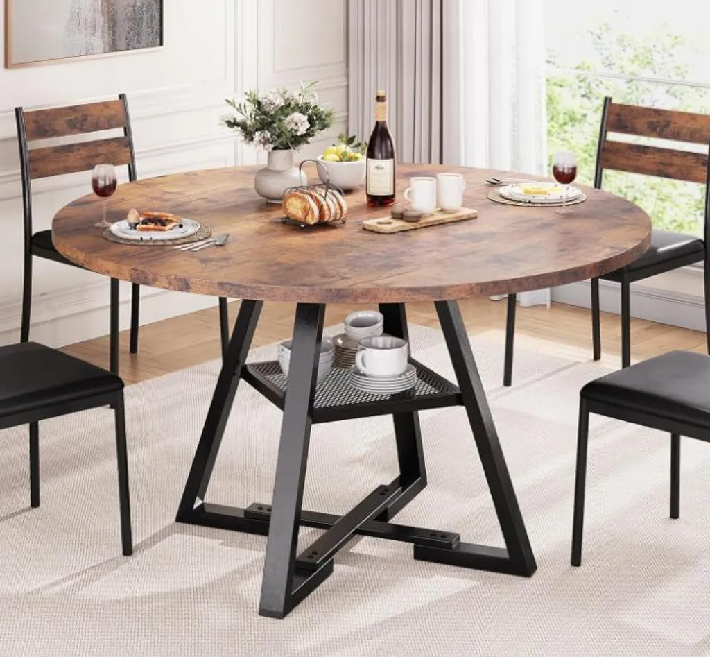 Tavolo Rotondo 120cm Legno Massello e Metallo - Stabilità e Funzione