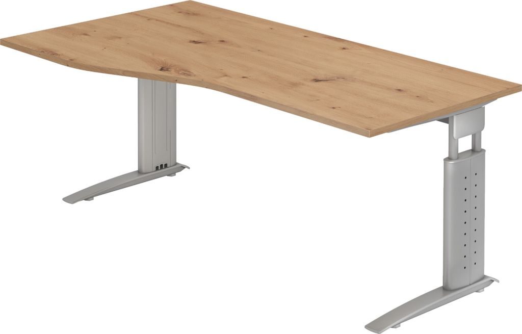 bümö Schreibtisch Serie-U - Nachbildung: Asteiche, Gestell: Silbergrau, Größe: 180 x 100 cm