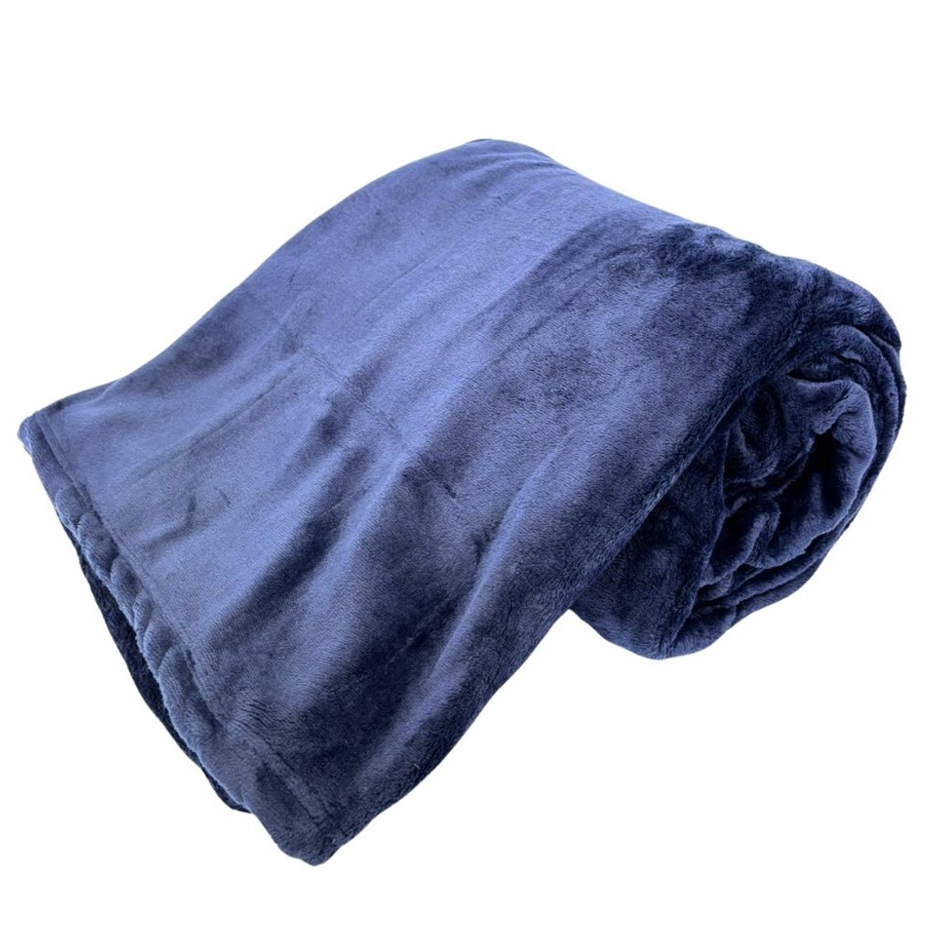 A rolled-up dark blue blanket is shown against a white background.