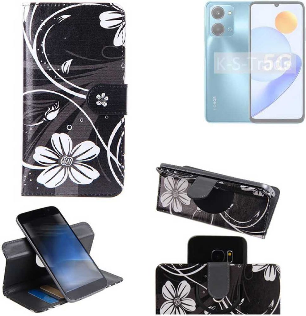 K-S-Trade Schutzhülle Handyhülle kompatibel mit Honor Play 7T Hülle 360° Wallet Case “Flowers“ Klapphülle Hülle schwarz-weiß 1x