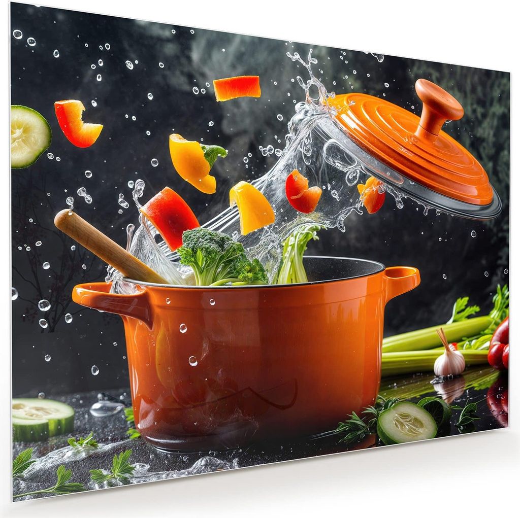 Glasbild 120x90cm in XXL für Wohnzimmer, Schlafzimmer Motiv Kochtopf mit Gemüse