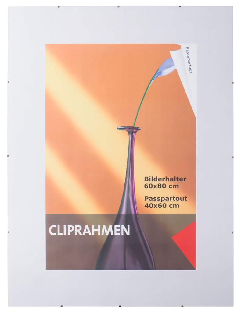 A clip frame with a poster of a vase and flower inside.
