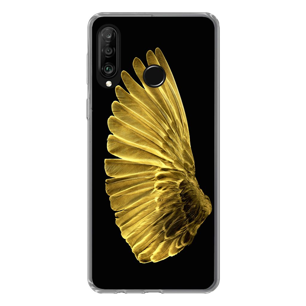 MuchoWow Handyhülle Schutzhülle Hülle für Huawei P30 Lite Goldene Flügel auf schwarzem Hintergrund Silikon Softcase Handy Hülle - Handyhülle