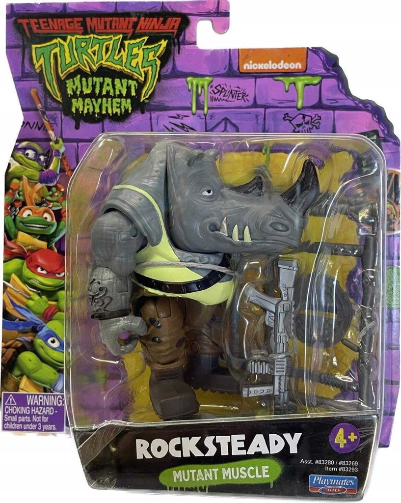 A toy action figure of Rocksteady from Teenage Mutant Ninja Turtles: Mutant Mayhem, displayed in its original packaging.