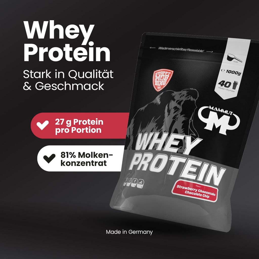 Mammut Nutrition - Whey Protein - 1000 g Zipp-Beutel, 1 x 1000 g Zipp-Beutel, Geschmack: Strawberry Cheesecake Chocolate Chip