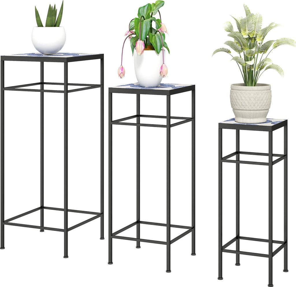3er-Set Pflanzenständer aus Metall, 3 Größen für Blumen & Deko, Stapelbar, Blau-Weiß, Balkon & Wohnung