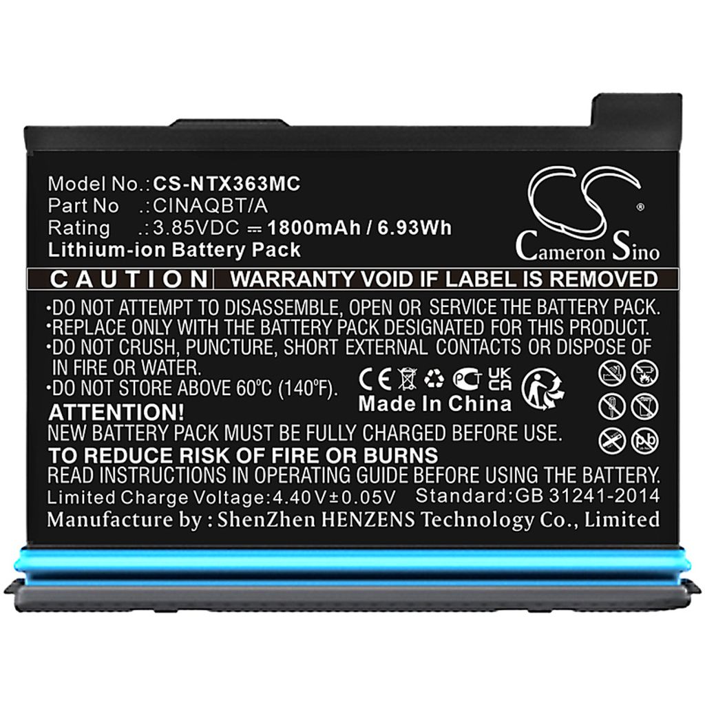 A product shot of a battery pack with text labels.