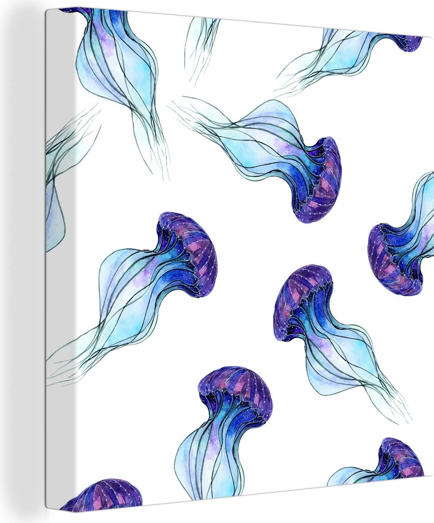 MuchoWow - Leinwandbilder - Illustration von lila Quallen mit weißem Hintergrund, Wandbild, Wanddeko Bilder Wohnzimmer, 50x50 cm