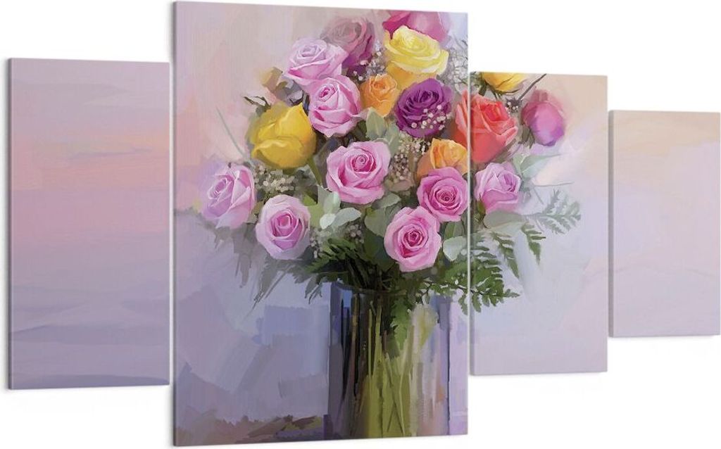 Bild auf Leinwand - Leinwandbild - 4 Teile - Blumen Vase Grafiken - 160x90cm - Wand Bild - Wanddeko - Wandbilder - Leinwanddruck - Bilder - Wanddek...