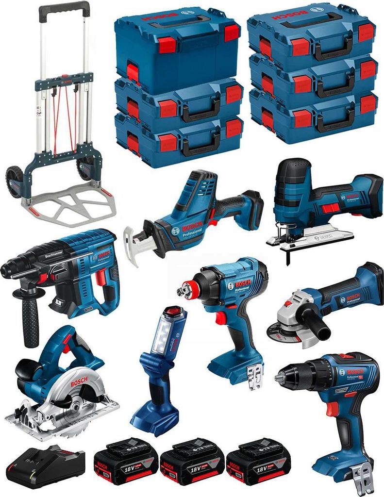 BOSCH Kit 18V BK802 (GST18V-LIS+GKS18V-LI+GBH18V-21+GWS18-125V-LI+GSR18V-55+GSA18V-LIC+GDX18V-180+GLI18V-300+3x5,0Ah+GAL18V-40)