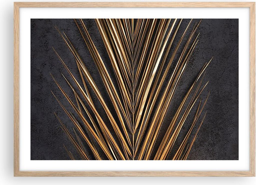 Gerahmtes Poster - Rahmen in heller Eiche - Blatt golden schwarz - 70x50 cm - Wand Bild - Wanddeko - Wandbilder - Kunstposter - Wandposter - Bilder...