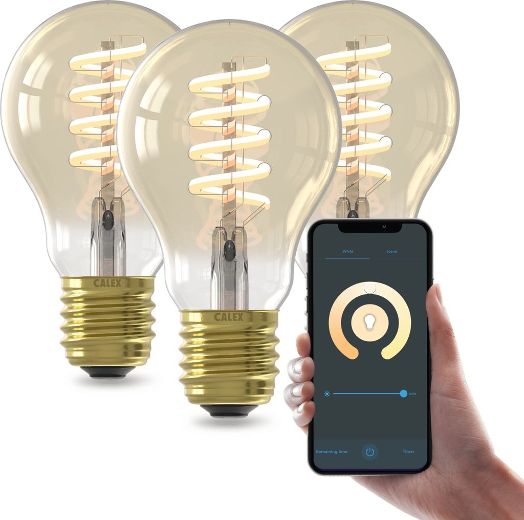 Calex Smart LED Glühbirne E27 A60, Weißlicht, dimmbar, WLAN mit Bluetooth Gateway, App- & Sprachsteuerung, 3-pack
