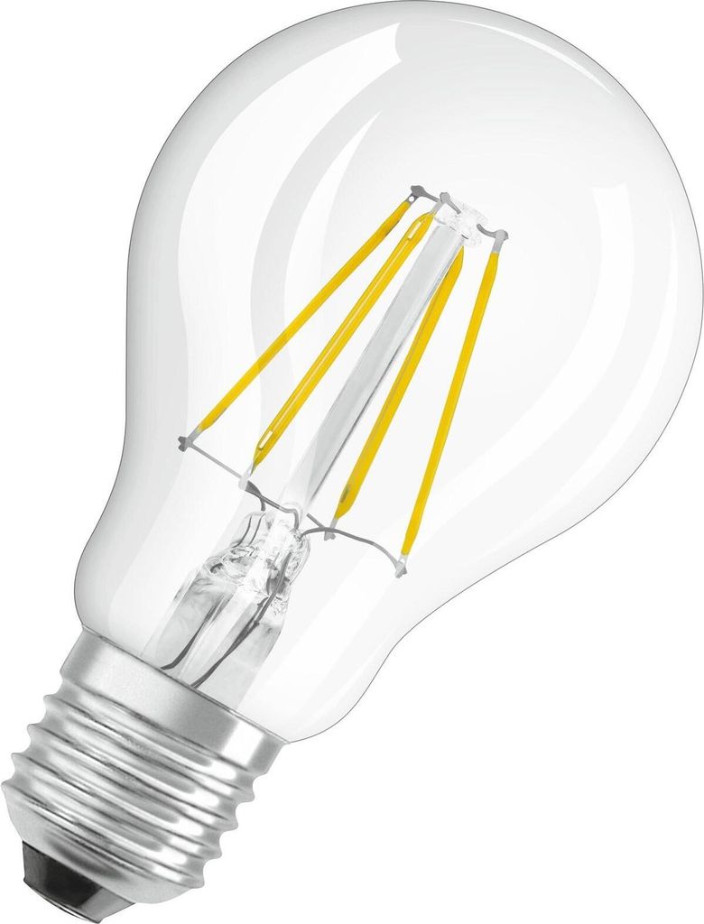 A clear, studio shot of an LED filament light bulb against a white background.