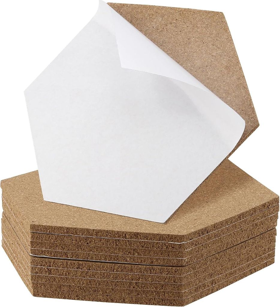 Sechseckige selbstklebende Korkplatten - DIY Pinnwand - 10 Stück - 20 x 17,5 cm - 6 mm Kork