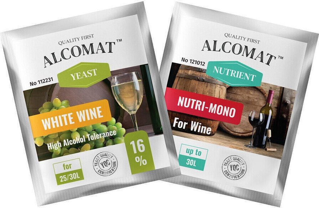 Weißweinhefe Alcomat White Wine HAT 16% + Nährstof Nutri Mono | Hefenahrung | Hohe Alkoholtoleranz| 2pack SET