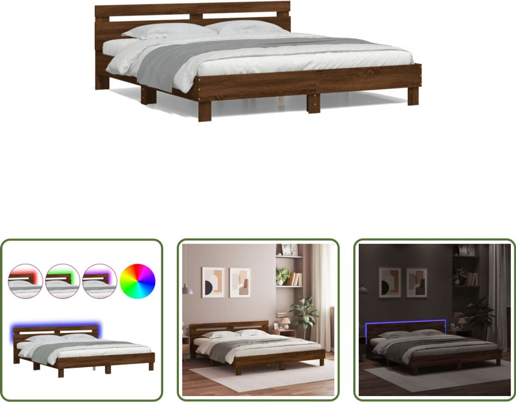 The Living Store Bettgestell mit Kopfteil und LED-Beleuchtung Braun Eiche-Optik
