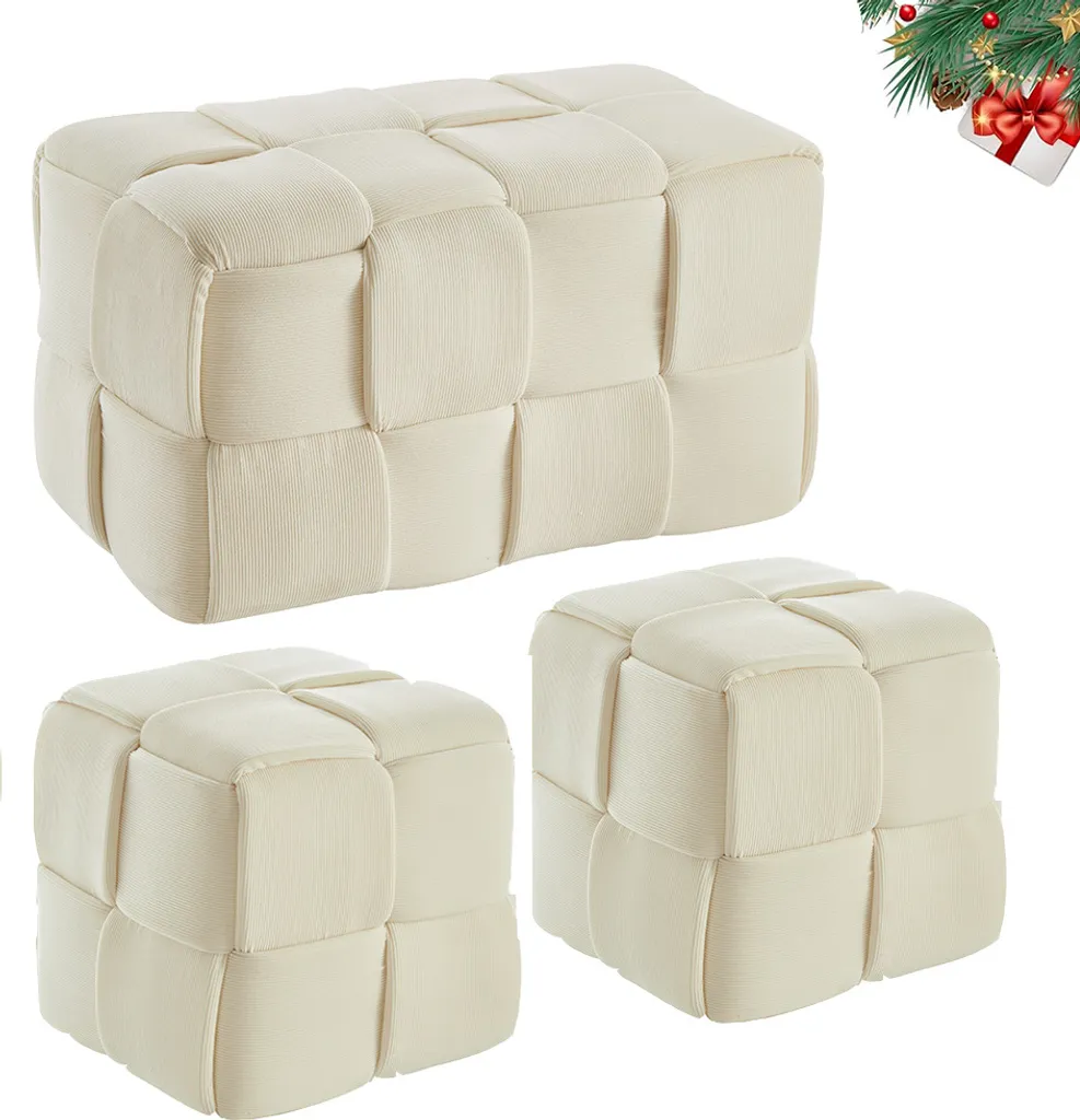 Lot de 3 poufs en velours côtelé blanc - Tabourets douillets de salon