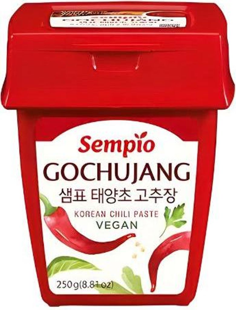 A product shot of a red tub of Sempio Gochujang Korean Chili Paste.