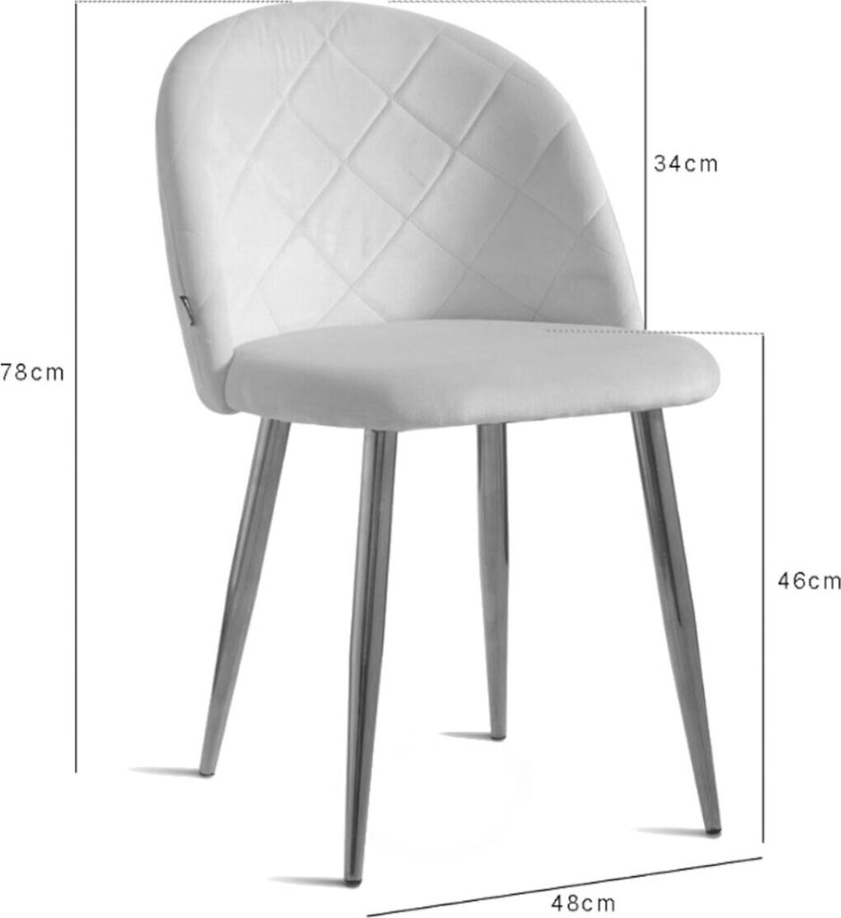 A beige upholstered chair with silver legs, shown with dimensions indicated by lines and text.
