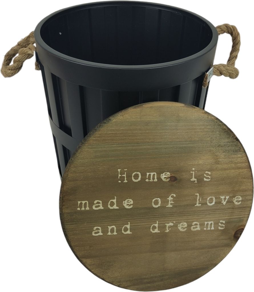 Wäschekorb aus Metall rund Hocker Box Aufbewahrung schwarz mit Deckel 34cm hoch