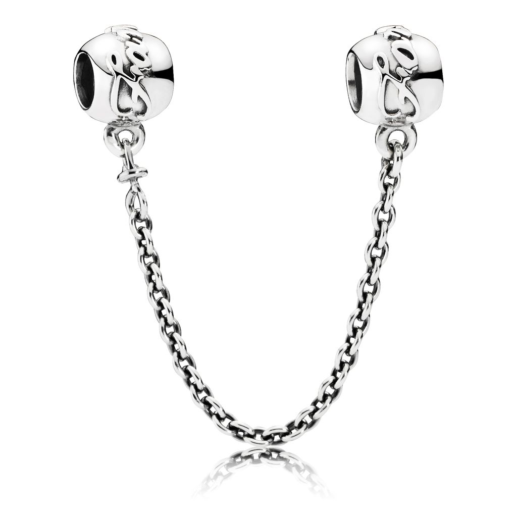 A silver Pandora safety chain with two charms attached, shown against a white background.