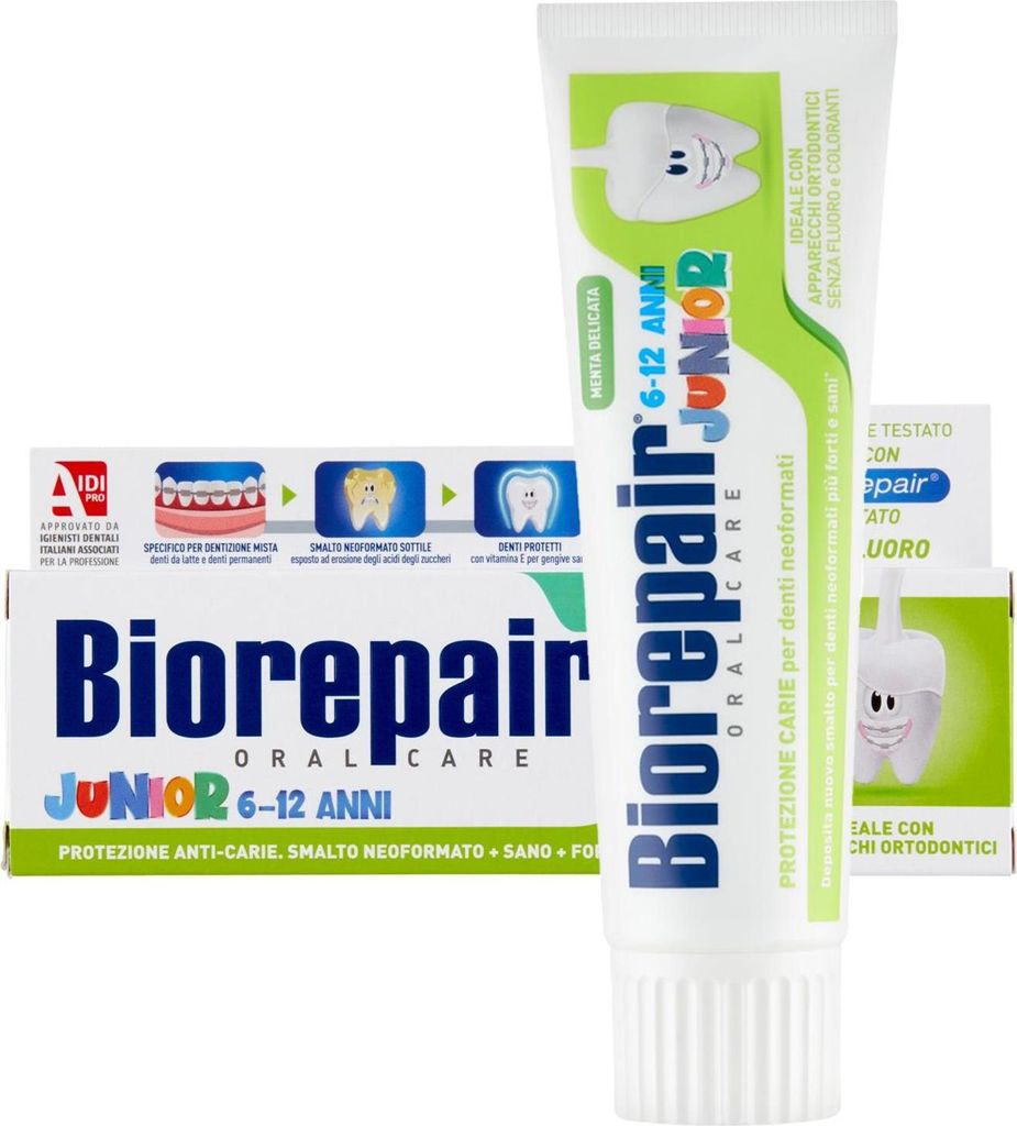 A collage of a toothpaste tube and its packaging, showing product details and illustrations.