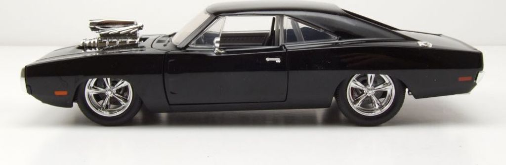 A black 1970 Dodge Charger R/T model car with a prominent supercharger on the hood, displayed on a white background.