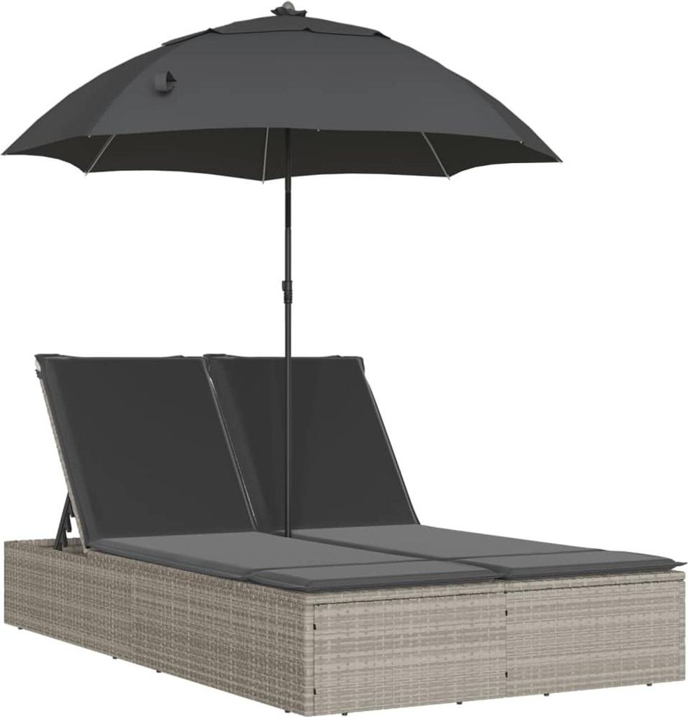 vidaXL Doppel-Sonnenliege mit Kissen & Schirm Hellgrau Poly Produktbild 