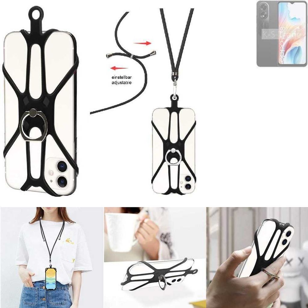 K-S-Trade 3in1 Handykette Handyband Handykordel Halsband Smartphone-Ring Handy-Ring kompatibel mit Oppo A38 Fingerhalterung Handyring Tischständer