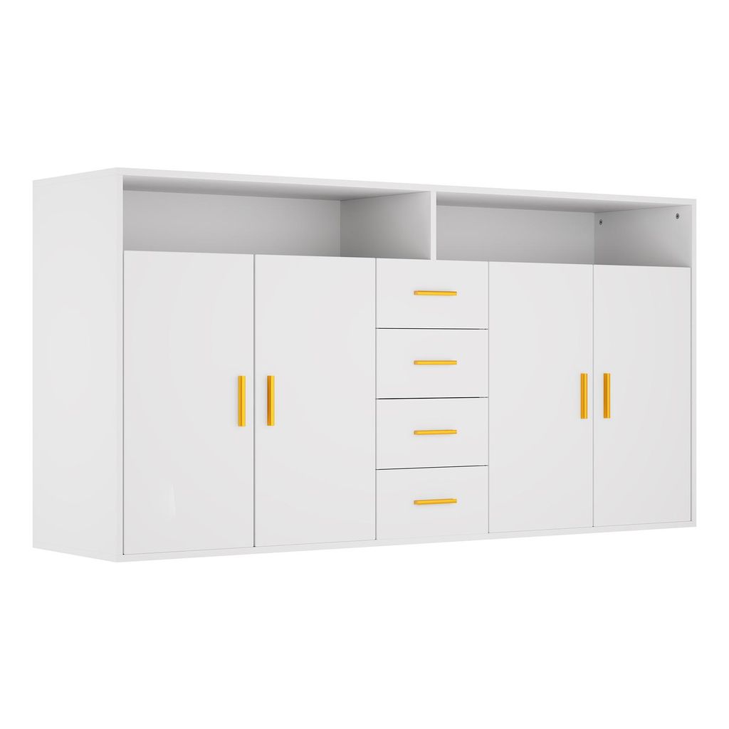 A white sideboard with gold handles against a white background.