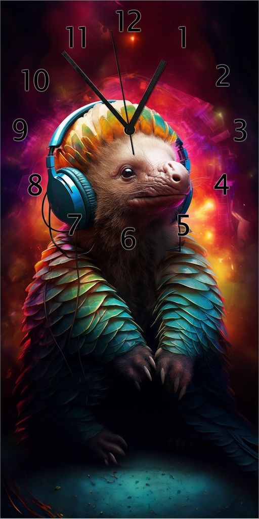 Wallario Design Wanduhr Schuppentier mit Kopfhörern aus Echtglas, Größe 30 x 60 cm