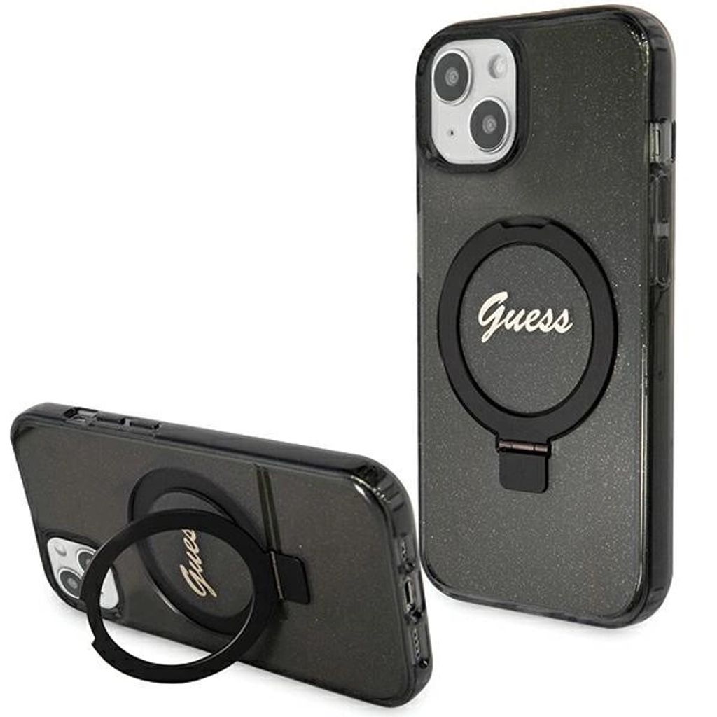 Guess GUHMP13MHRSGSK iPhone 13 / 14 / 15 6.1" schwarz hardcase Ring Stand Script Glitter MagSafe Schutzhülle