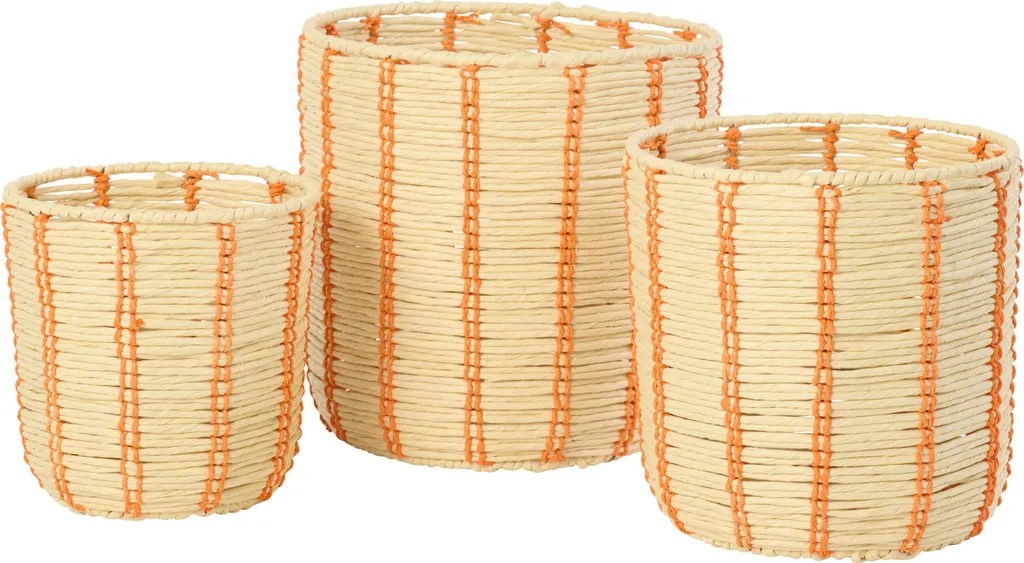 Paniers de Rangement Ronds en Papier Tressé Rayé Naturel et Orange x3