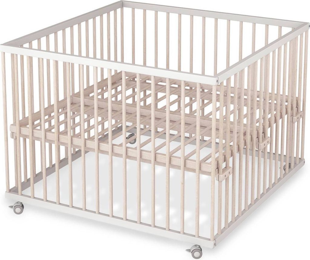 Laufgitter 100x100 cm mit Lattenrost und Schlupfsprossen - weiß/natur - Premium Kollektion