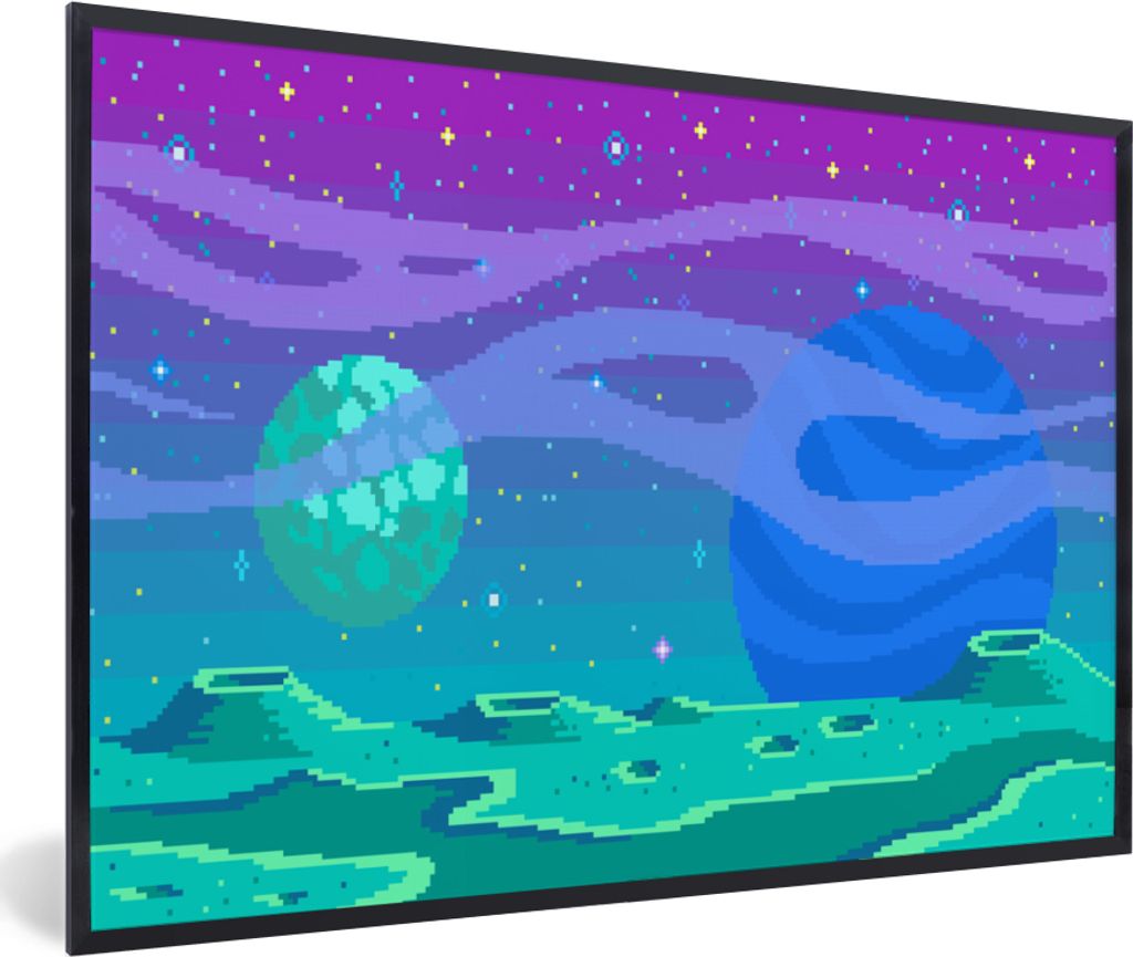MuchoWow Gerahmtes Poster Spiele - Pixel Art - Mond 30x20 cm - Poster mit Schwarzem Bilderrahmen Wandposter Rahmen Foto Bilder - Kunstdruck - Bil...