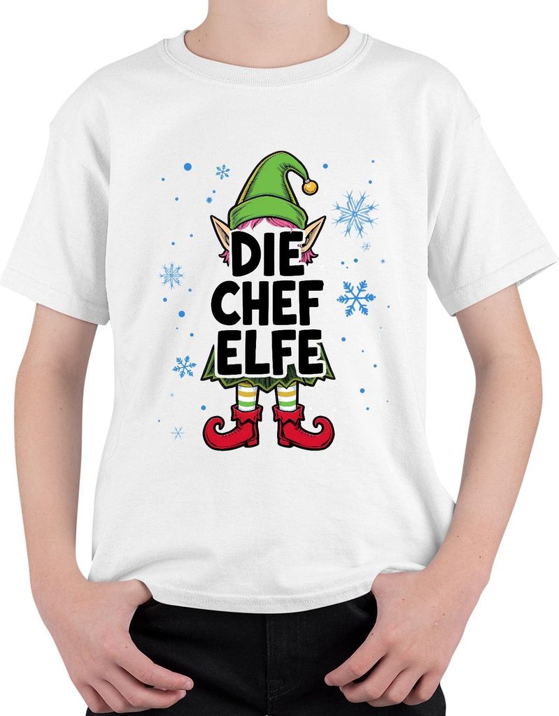DIE CHEF ELFE Weihnachtselfe Weihnachten Wichtel Schneeflocken Uni Kinder T-Shirt, Weiß, 116