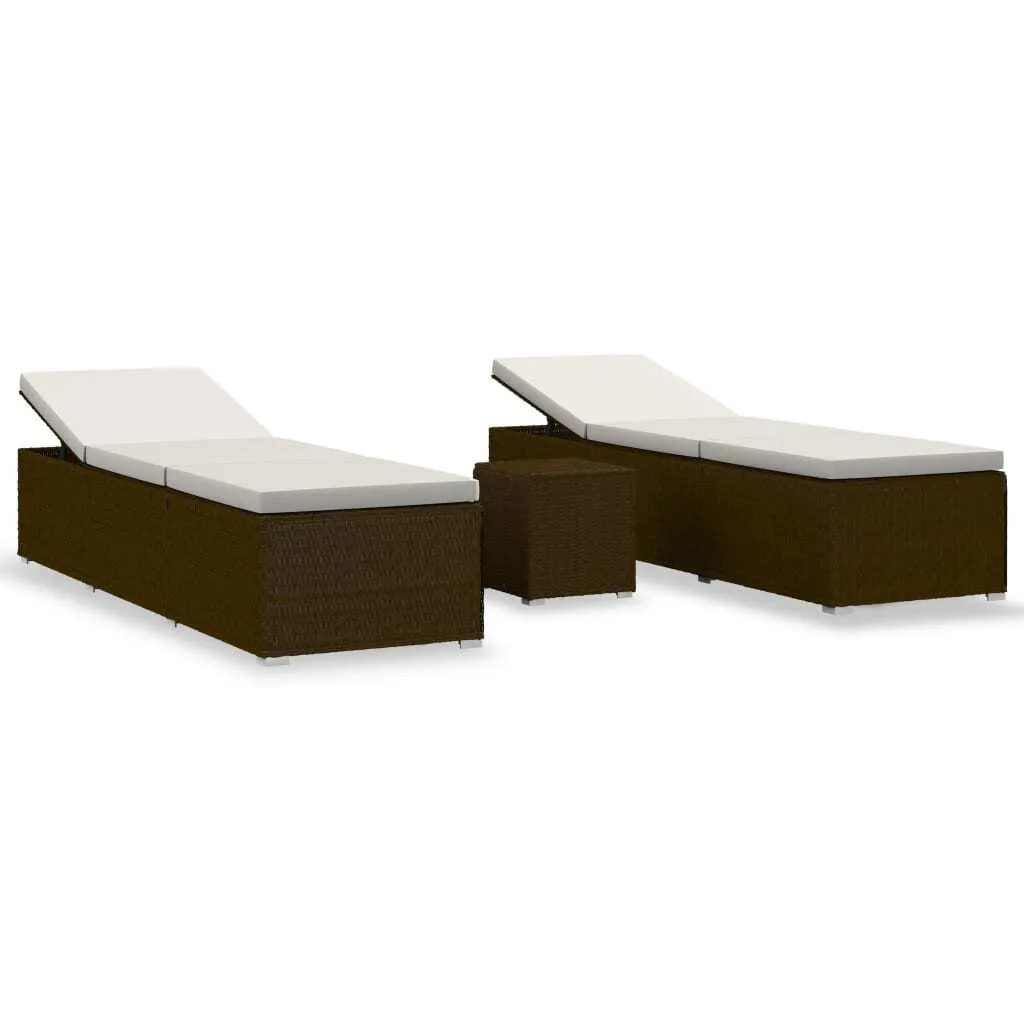 Transats de jardin 3 pcs en résine tressée marron avec table basse thé
