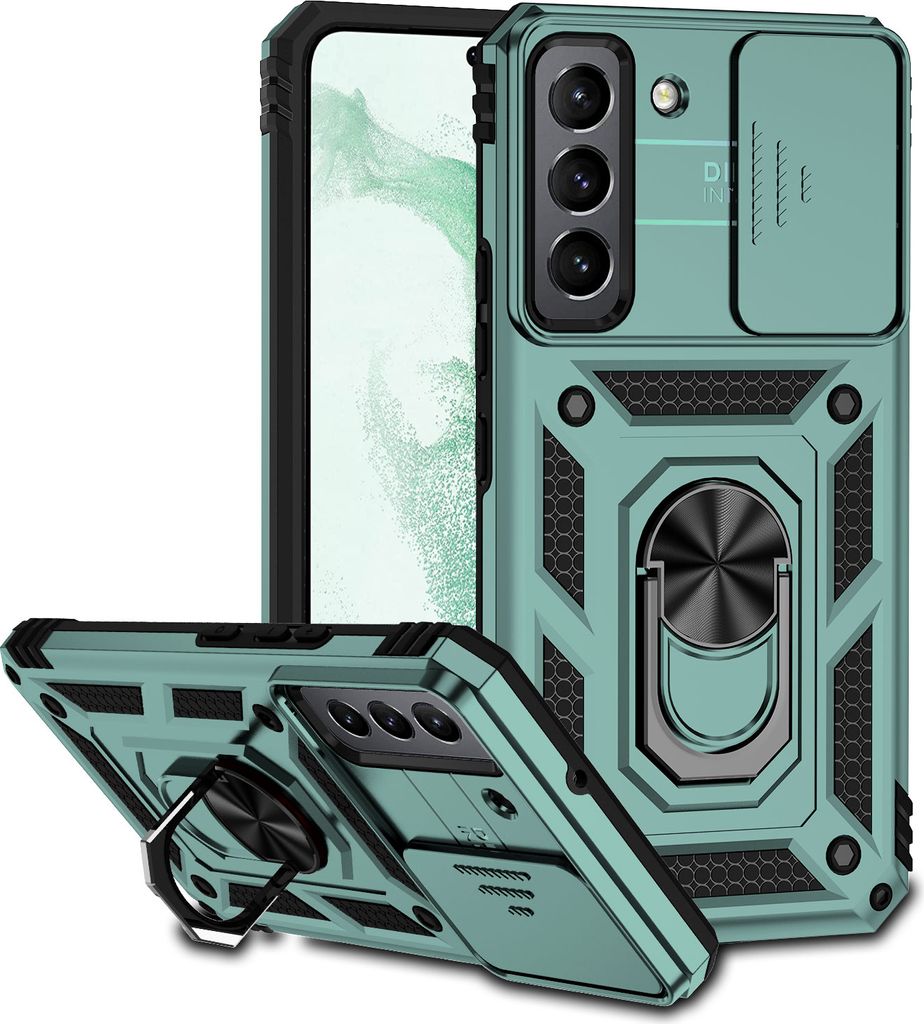 Galaxy S22 5G Hülle mit Schiebe Kamera Schutz und Ringhalter Ständer Robust Rüstung Schutzhülle für Samsung Galaxy S22 5G Grün