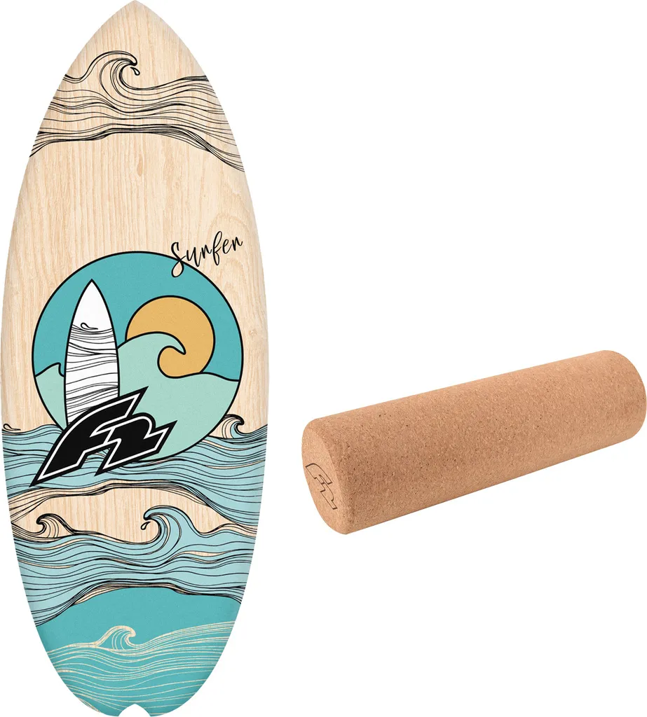 Planche d'équilibre F2 en bois avec rouleau liège et demi-coque fitness