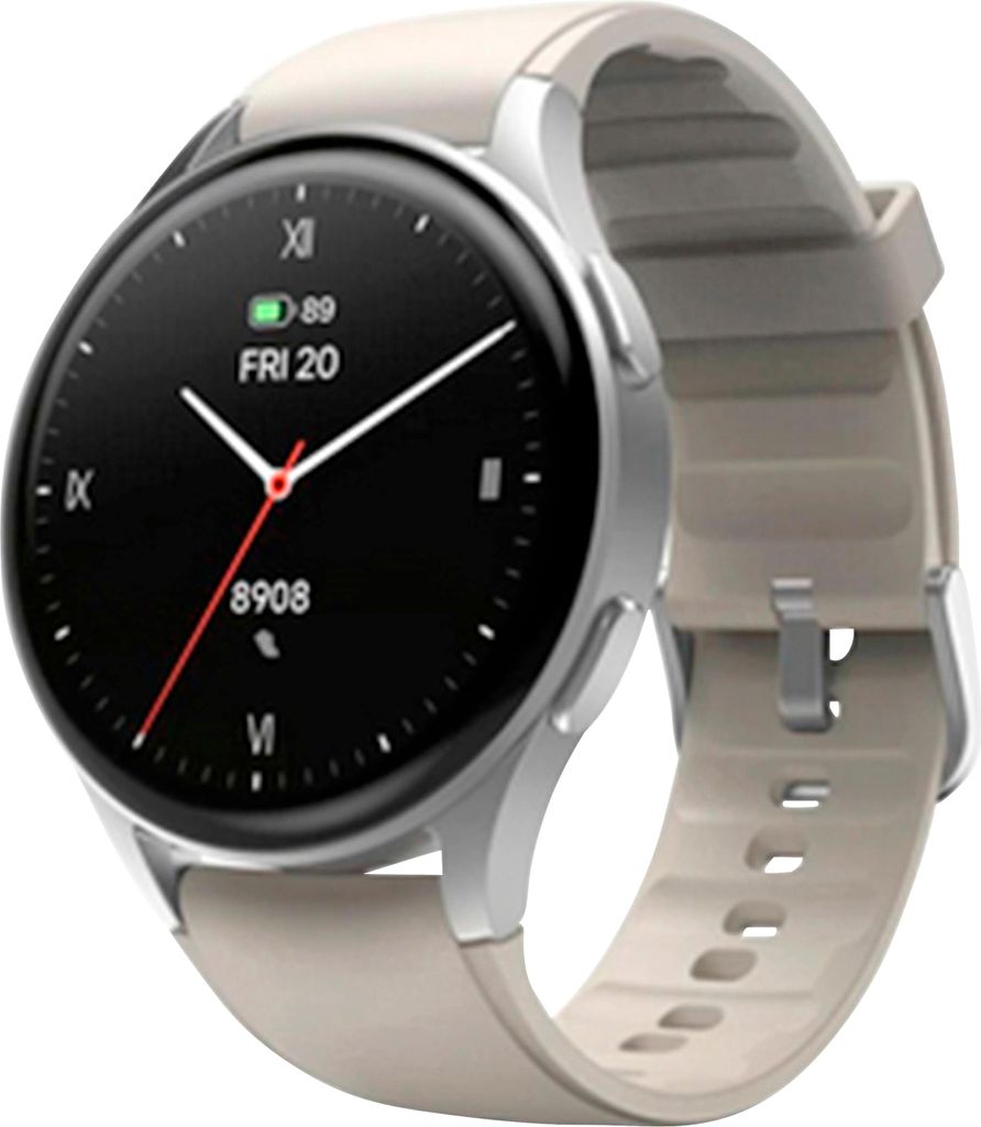 A smartwatch with a silver casing and a beige strap is shown against a white background.