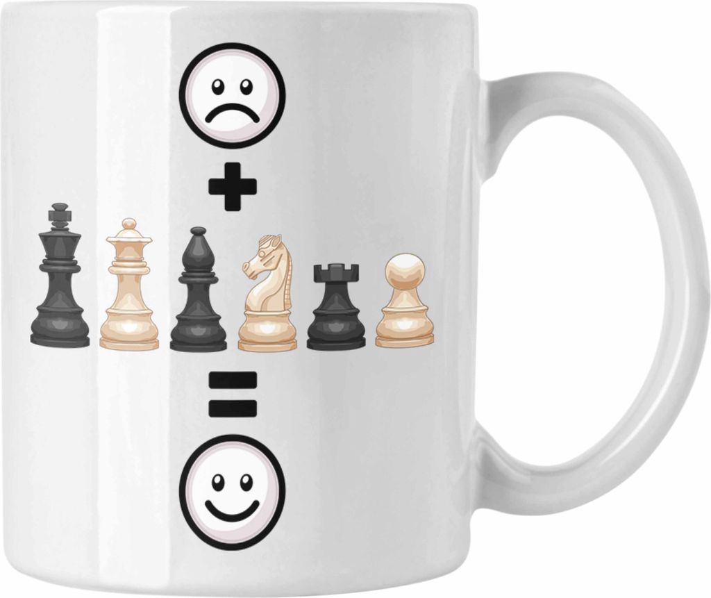 Trendation - Schach Tasse Geschenk für Schach-Spieler Geburtstag Lustige Geschenkidee :( + Schach = :) (Weiß)
