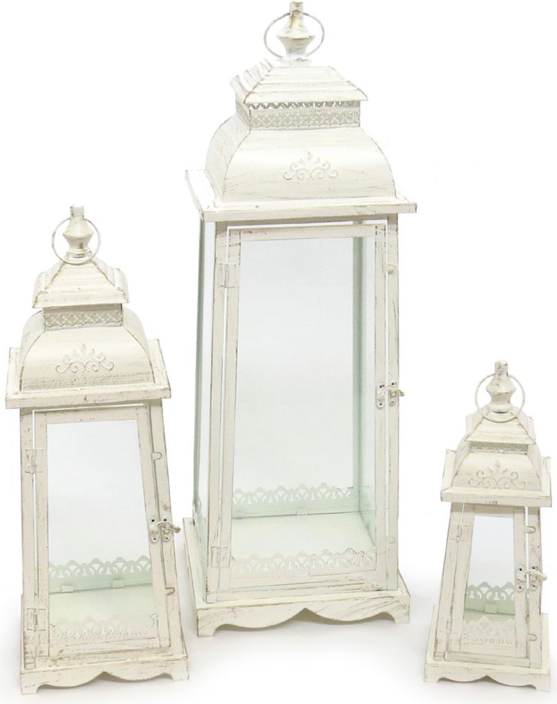 3tlg. Set Laterne LUGANO creme weiß antik aus Metall Ornament verziert