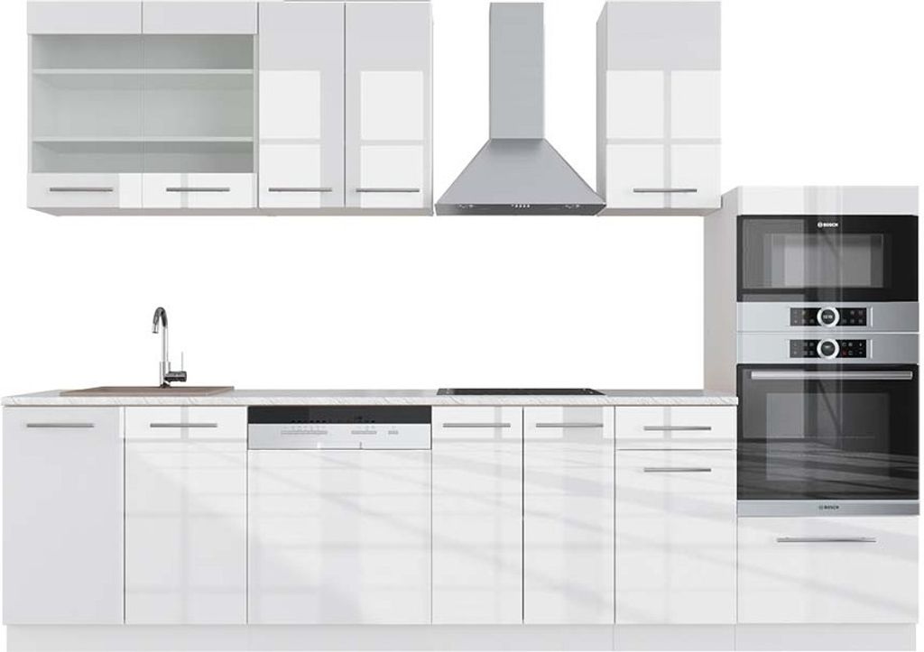 Küchenzeile Vicco Fame-Line Weiß Hochglanz/Weiß 300 cm mit Hochschrank, AP Marmor, Model 42565