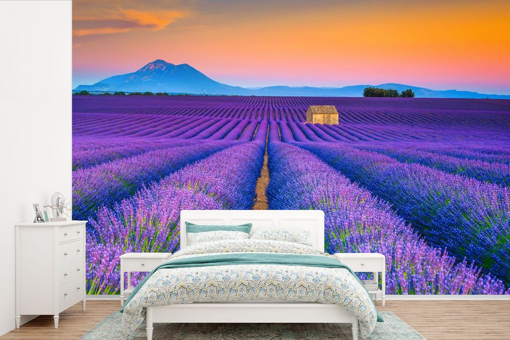 MuchoWow Fototapete für Wohnzimmer oder Schlafzimmer Wandtapete Vinyl Motivtapete Lavendel - Lila - Blumen - 330x220 cm - Fototapeten