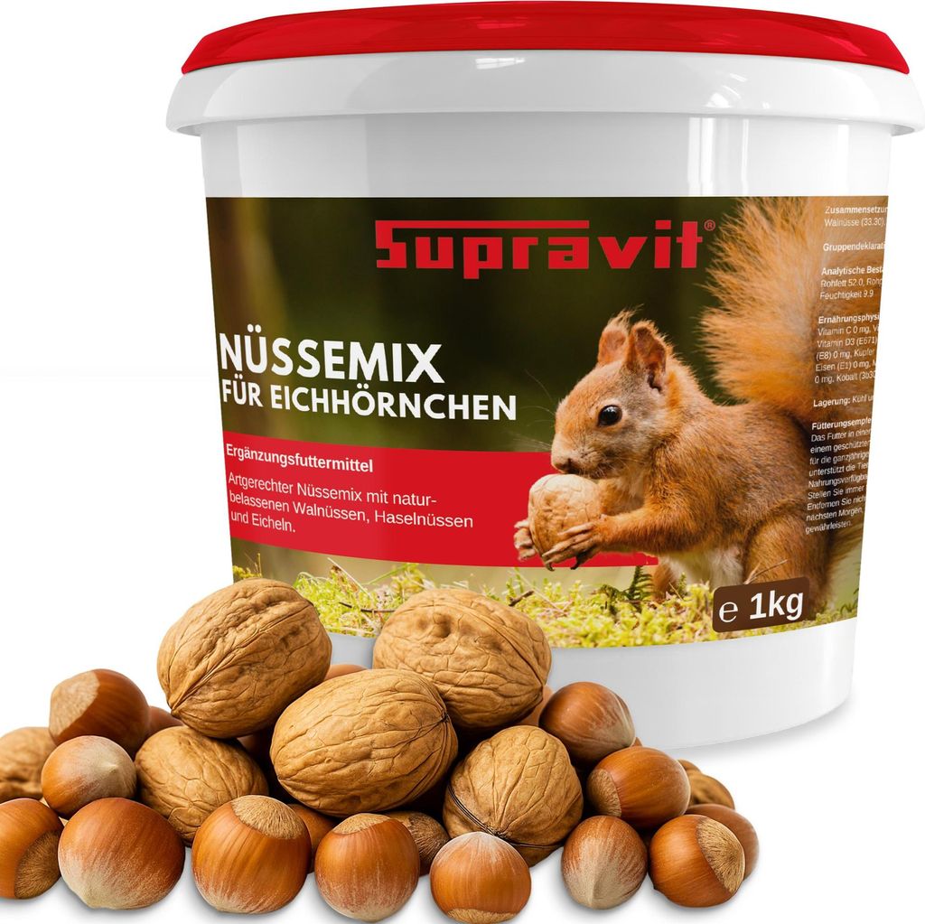 Supravit Frische Nüsse-Mix Eichhörnchen Futter 1kg | Futter mit Haselnüsse & Walnüsse mit Schale für Eichhörnchen | Ganzjähriges Eichhörnch...